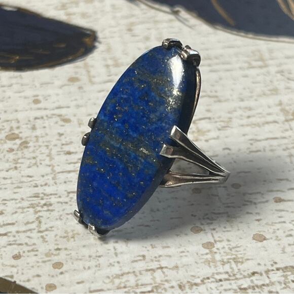 Vintage 925 Sterling Silver and Large Blue Lapis Lazuli Stone Silver Ring D2 - Picture 10 of 14